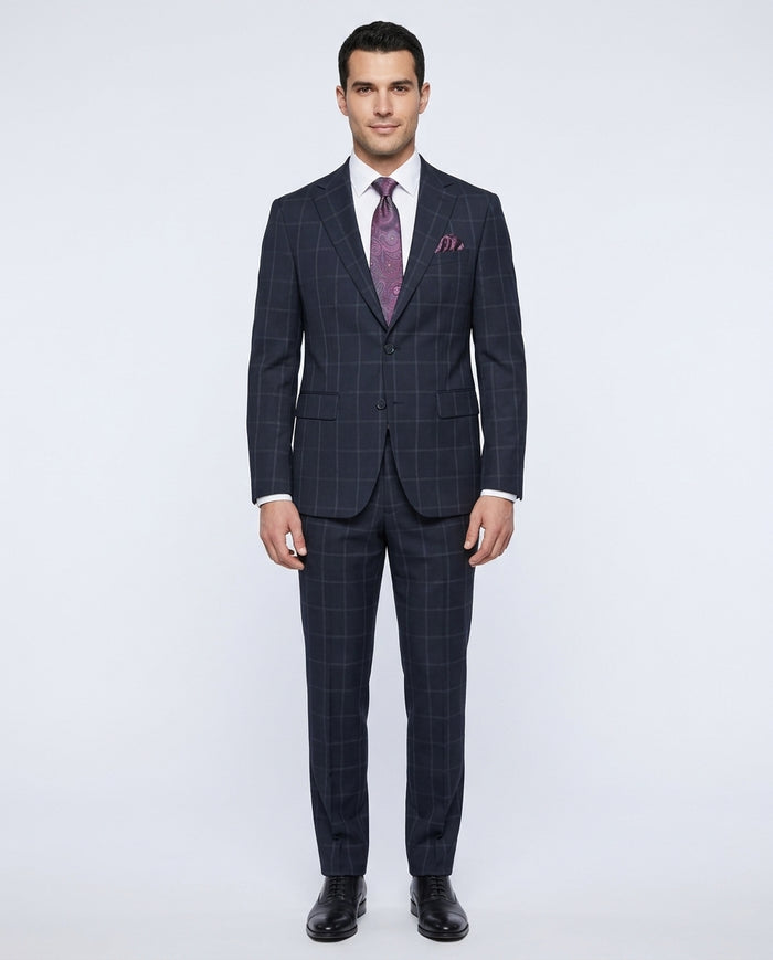 Mens Blue Check Slim Fit 100% VBC Wool Prehemmed Suit