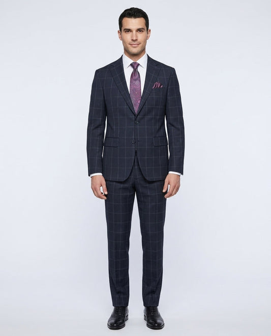 Mens Blue Check Slim Fit 100% VBC Wool Prehemmed Suit