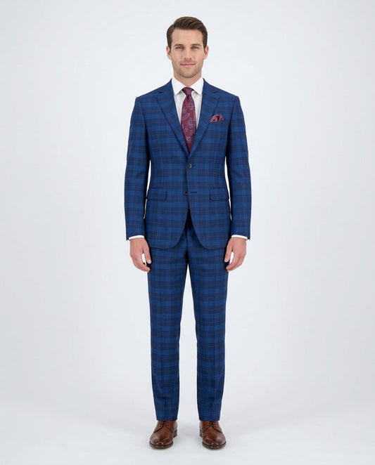 Mens Blue Plaid Slim Fit 100% VBC Wool Prehemmed Suit