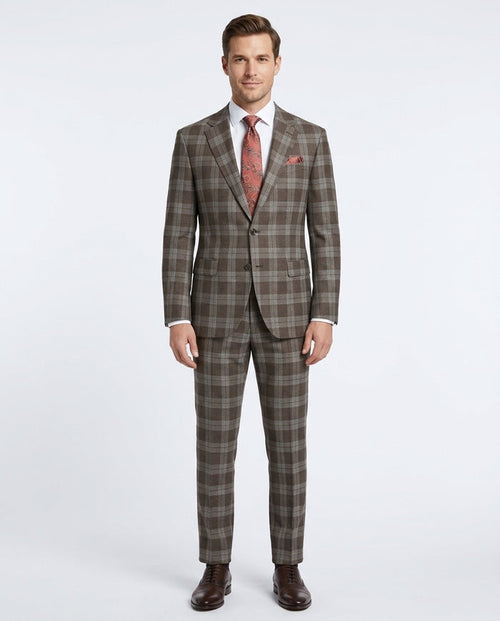 Mens Brown Plaid Slim Fit 100% VBC Wool Prehemmed Suit