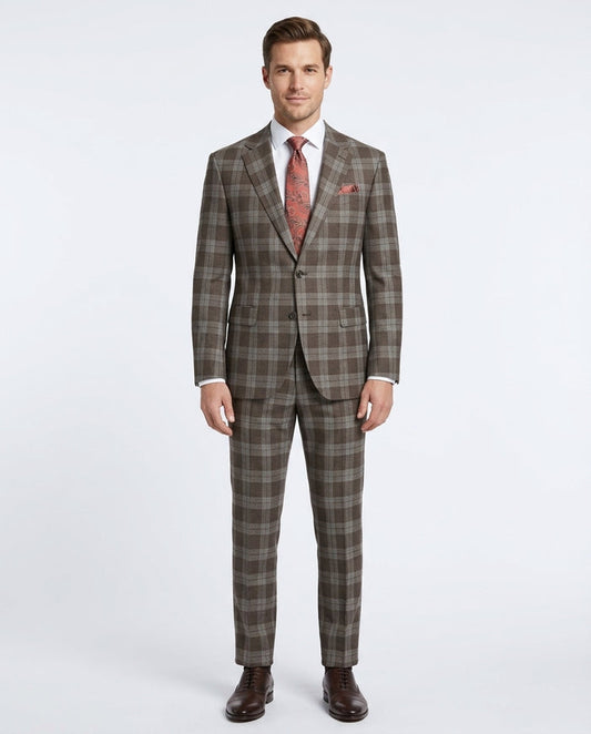 Mens Brown Plaid Slim Fit 100% VBC Wool Prehemmed Suit