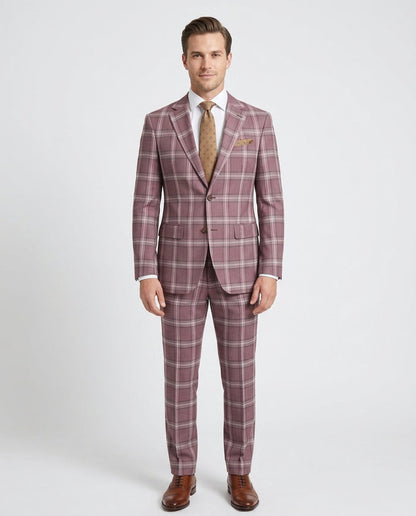 Mens Burgundy Plaid Slim Fit 100% VBC Wool Prehemmed Suit