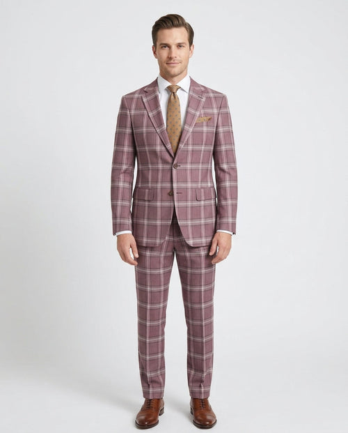 Mens Burgundy Plaid Slim Fit 100% VBC Wool Prehemmed Suit