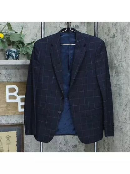 Calvin Klein Blazer Men's Calvin Klein Navy Blue Windowpane Slim Fit Wool Blazer