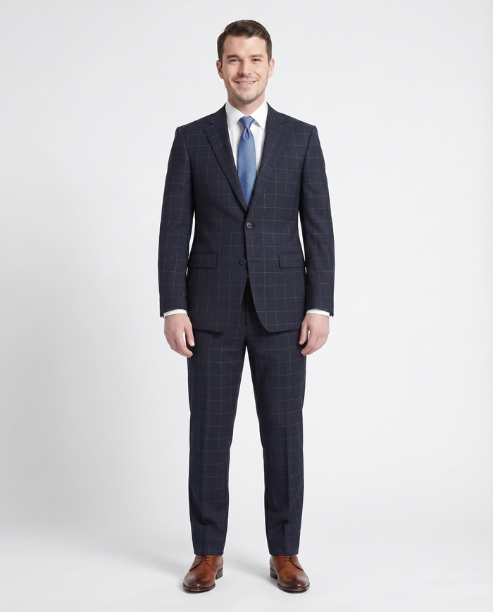 Men's Calvin Klein Navy Blue Windowpane Slim Fit Wool Suit