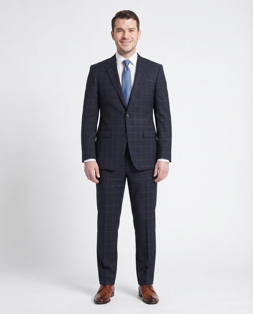 Men's Calvin Klein Navy Blue Windowpane Slim Fit Wool Suit