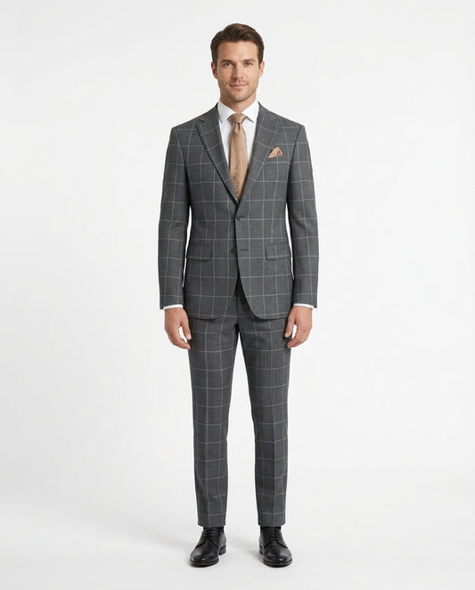Arthur Black Mens Charcoal Gray Check Slim Fit 100% VBC Wool Prehemmed Suit - The Suit Depot