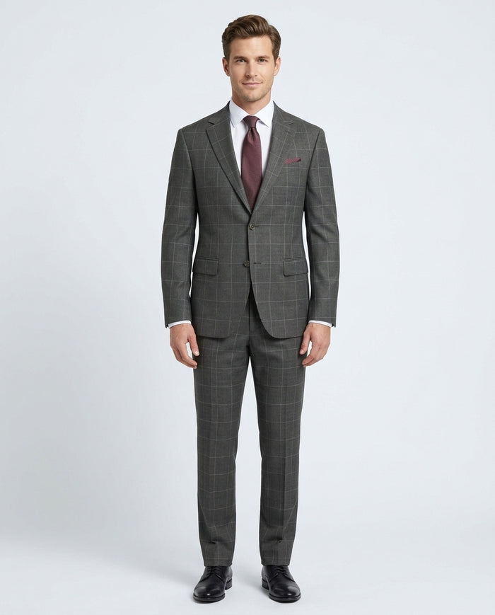 Arthur Black Mens Charcoal Gray Check Slim Fit 100% VBC Wool Prehemmed Suit - The Suit Depot