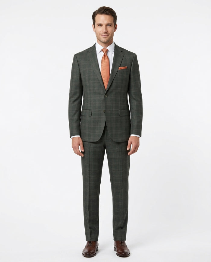 Mens Dark Green Plaid Slim Fit 100% VBC Wool Prehemmed Suit