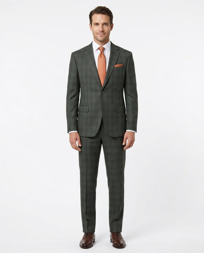 Mens Dark Green Plaid Slim Fit 100% VBC Wool Prehemmed Suit