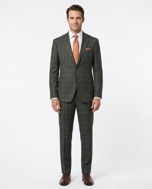 Mens Dark Green Plaid Slim Fit 100% VBC Wool Prehemmed Suit