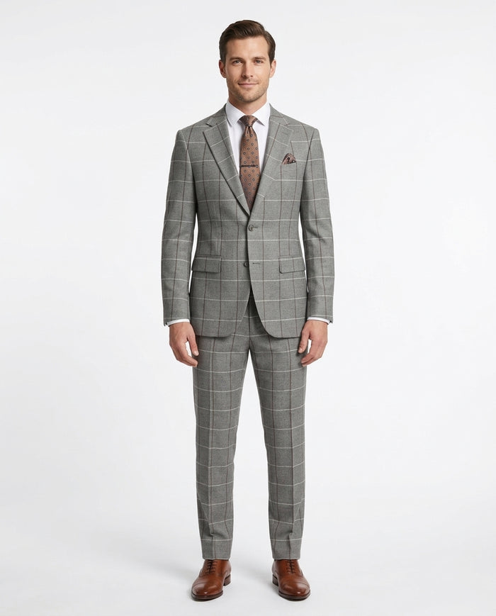 Mens Gray Check Slim Fit 100% VBC Flannel Wool Prehemmed Suit