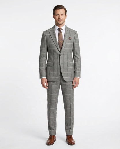 Mens Gray Check Slim Fit 100% VBC Flannel Wool Prehemmed Suit