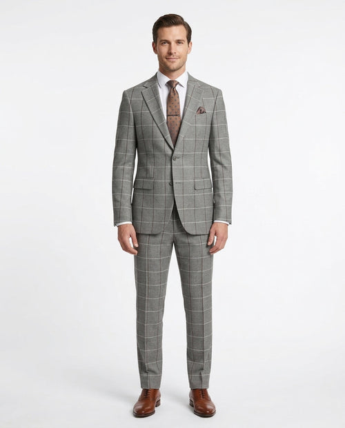 Mens Gray Check Slim Fit 100% VBC Flannel Wool Prehemmed Suit
