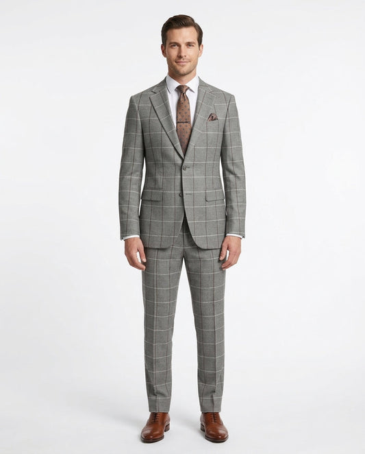 Mens Gray Check Slim Fit 100% VBC Flannel Wool Prehemmed Suit