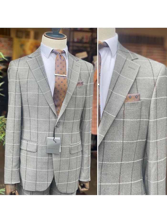 Arthur Black SUITS Arthur Black Mens Gray Check Slim Fit 100% VBC Flannel Wool Prehemmed Suit