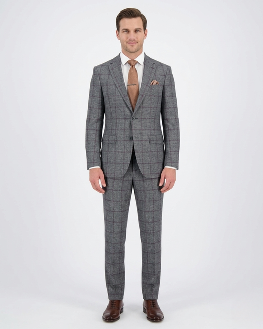 Mens Gray Check Slim Fit 100% VBC Wool Prehemmed Suit