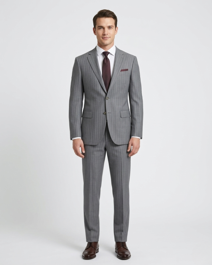 Mens Gray Pinstriped Slim Fit 100% VBC Wool Prehemmed Suit