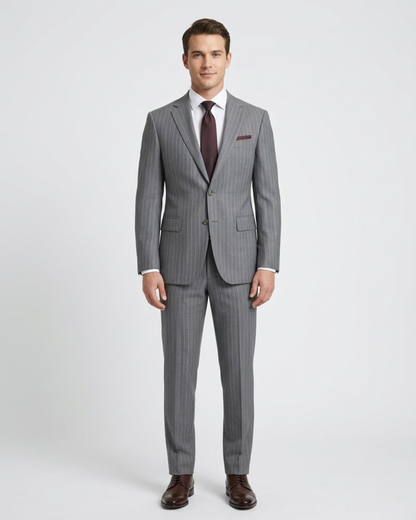 Mens Gray Pinstriped Slim Fit 100% VBC Wool Prehemmed Suit