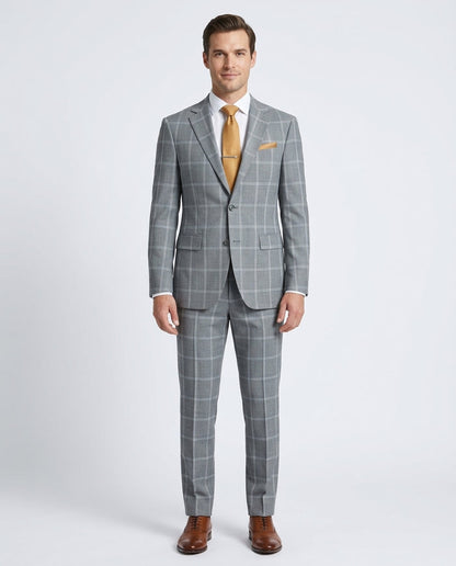 Mens Gray Plaid Slim Fit 100% VBC Wool Prehemmed Suit