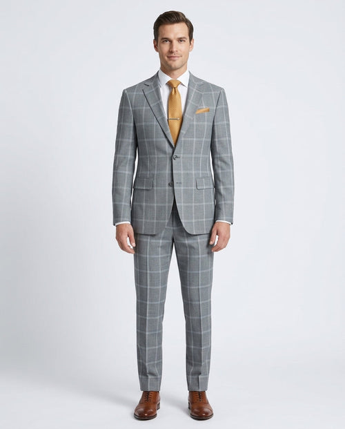 Mens Gray Plaid Slim Fit 100% VBC Wool Prehemmed Suit