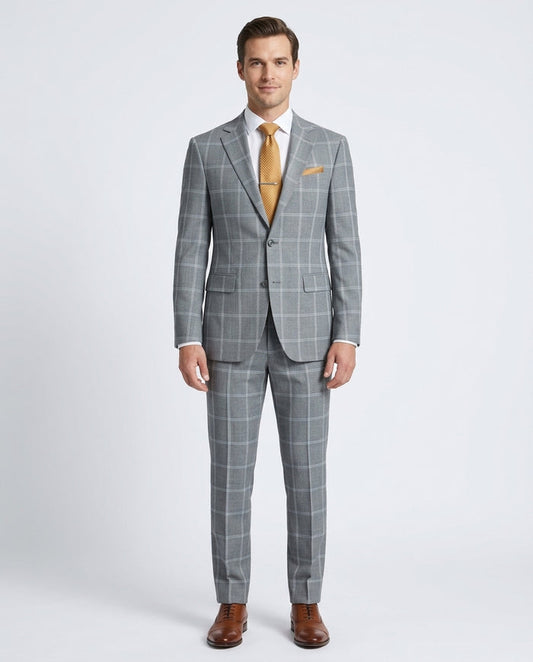 Mens Gray Plaid Slim Fit 100% VBC Wool Prehemmed Suit