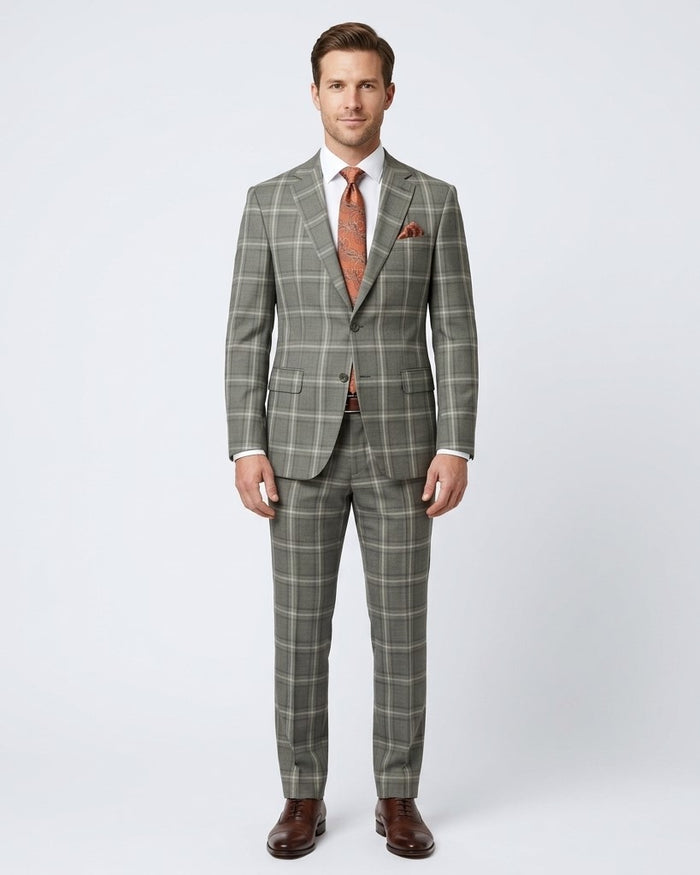 Mens Green Plaid Slim Fit 100% VBC Wool Prehemmed Suit