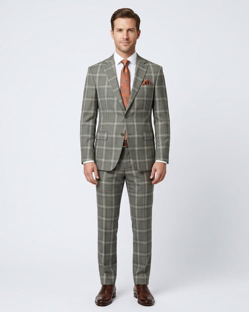 Mens Green Plaid Slim Fit 100% VBC Wool Prehemmed Suit