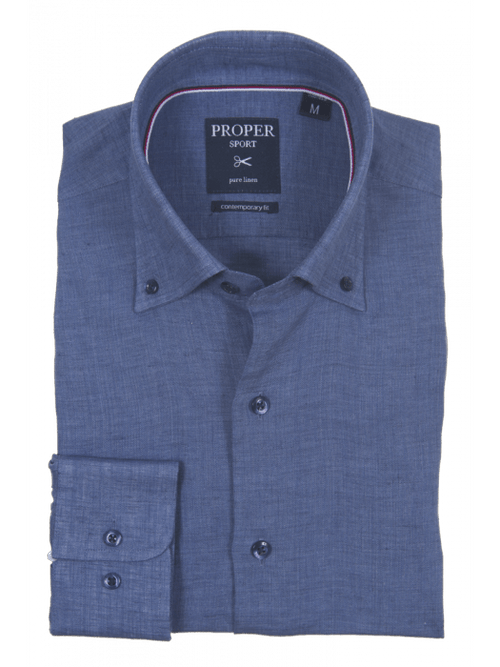 Mens Navy Blue Modern Fit Spread Collar 100% Linen Dress Shirt - The Suit Depot