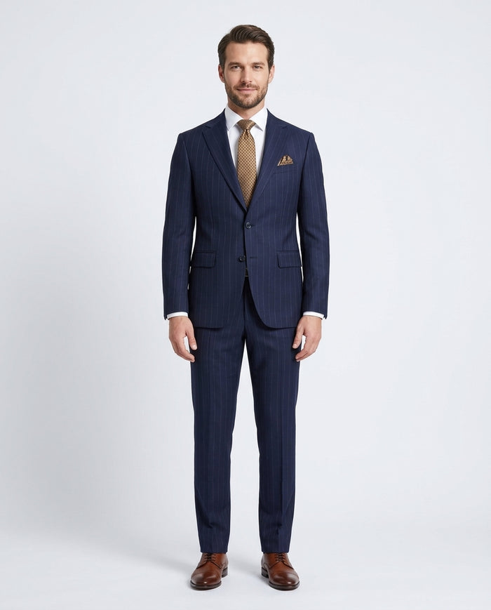 Men's Navy Blue Pinstriped Slim Fit 100% VBC Wool Prehemmed Suit