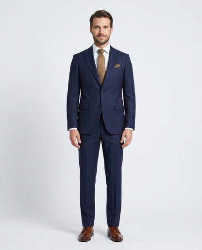 Men's Navy Blue Pinstriped Slim Fit 100% VBC Wool Prehemmed Suit