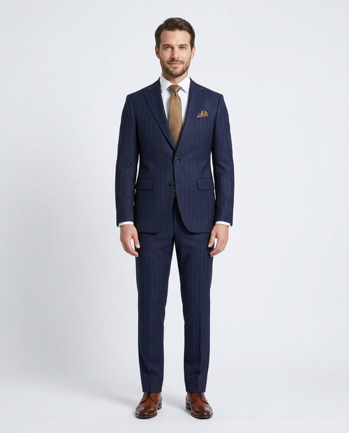 Men's Navy Blue Pinstriped Slim Fit 100% VBC Wool Prehemmed Suit