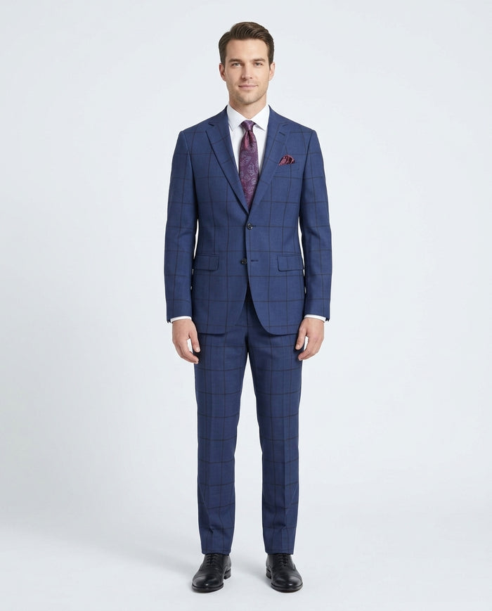Arthur Black Mens Navy Blue Windowpane Slim Fit 100% VBC Wool Prehemmed Suit - The Suit Depot