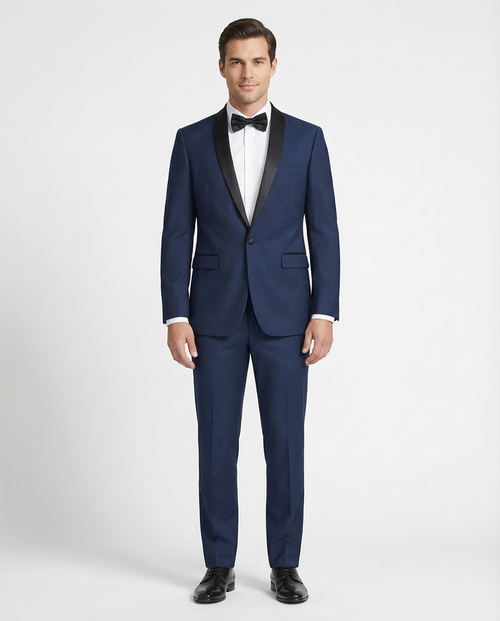Men's Slim Fit 1 Button Shawl Lapel Tuxedo Jacket & Pants - Solid Blue