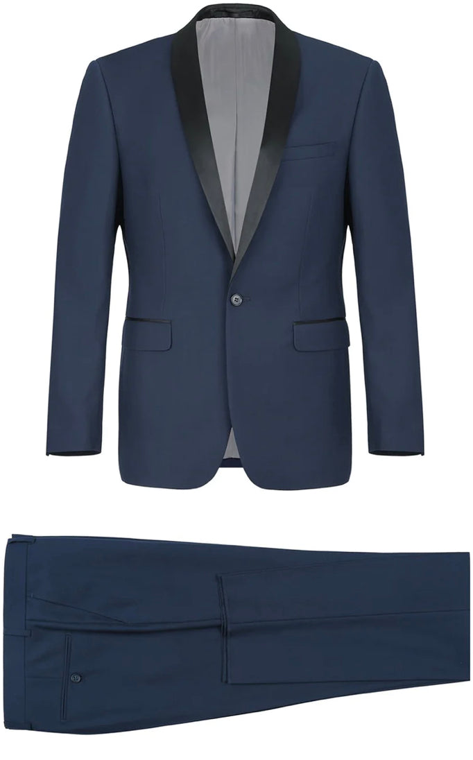 Men's Slim Fit 1 Button Shawl Lapel Tuxedo Jacket & Pants - Solid Blue