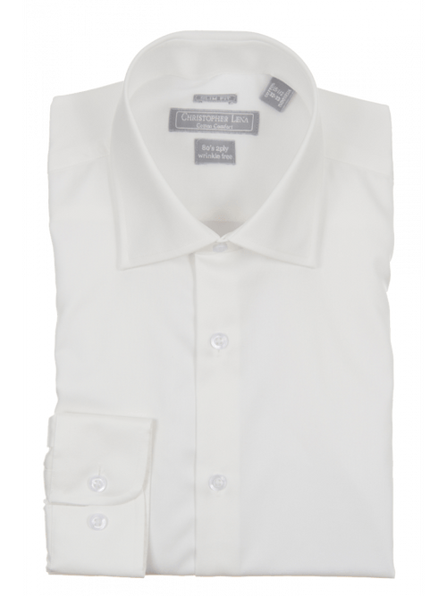 Mens Slim Fit Solid Off White Spread Collar Wrinkle Free 100% Cotton Dress Shirt - The Suit Depot