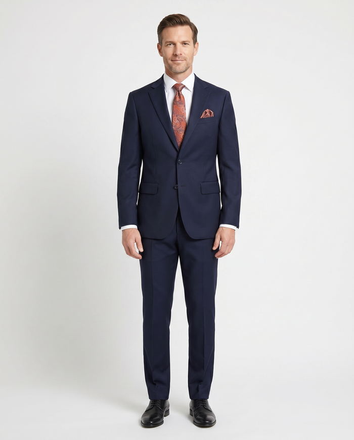 Mens Solid Navy Blue Slim Fit 100% VBC Wool Prehemmed Suit