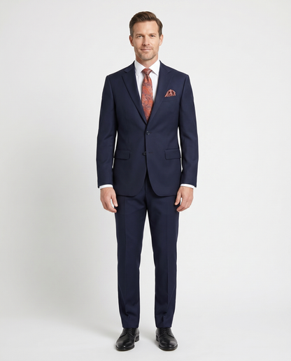 Mens Solid Navy Blue Slim Fit 100% VBC Wool Prehemmed Suit
