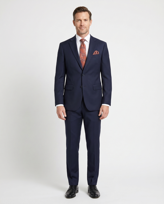 Mens Solid Navy Blue Slim Fit 100% VBC Wool Prehemmed Suit