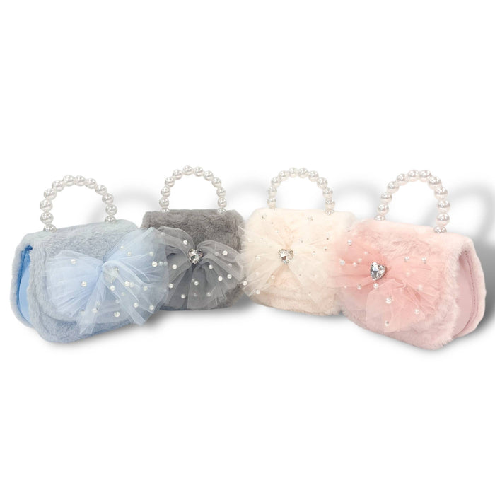 Mesh Bow Furry Purse |  Beige