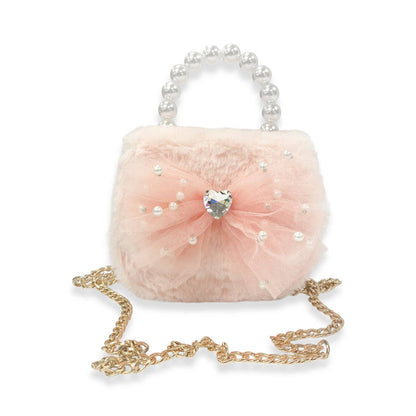 Mesh Bow Furry Purse |  Beige