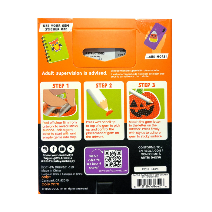 Back of a product packaging with step-by-step instructions and graphics on an orange background