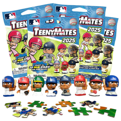 Packaging and figures of TeenyMates 2025 with MLB branding on a white background.