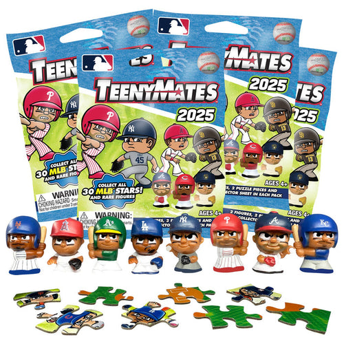 Packaging and figures of TeenyMates 2025 with MLB branding on a white background.