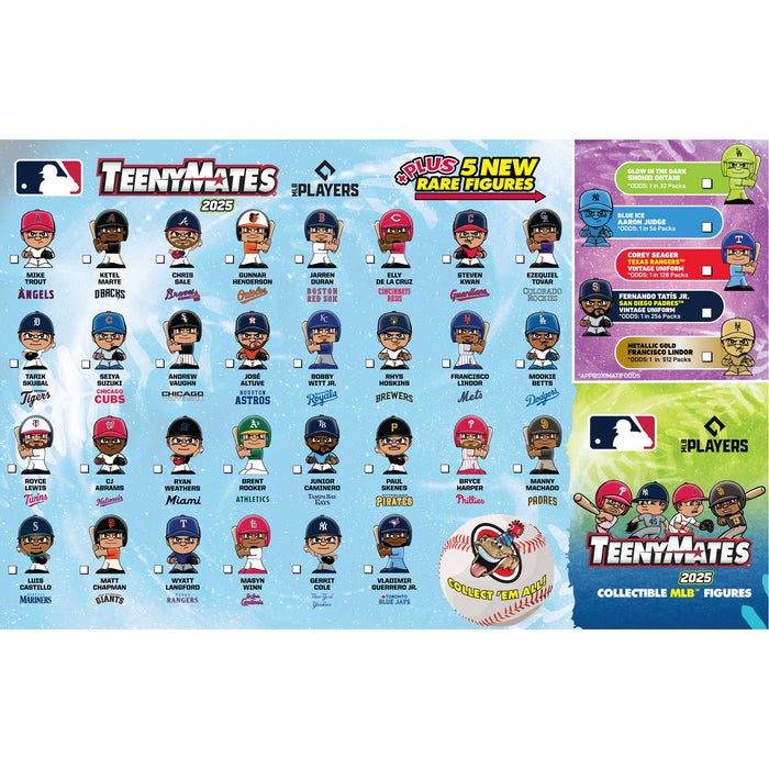 Collection of TeenyMates MLB figures with packaging and branding details.