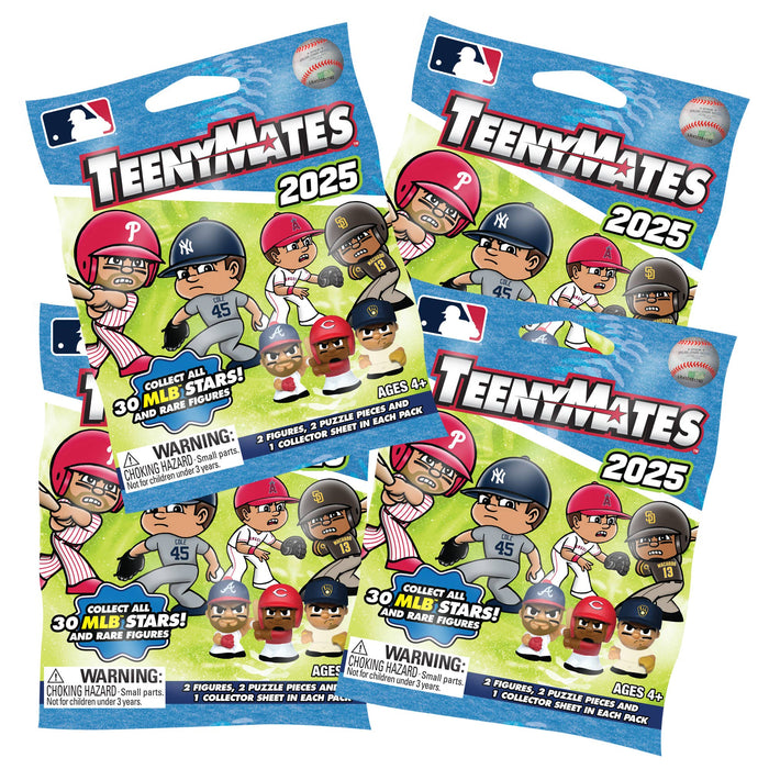 Three packages of TeenyMates 2025 MLB figurines with colorful packaging and character illustrations.
