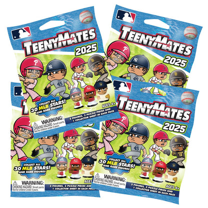 Three packages of TeenyMates 2025 MLB figurines with colorful packaging and character illustrations.