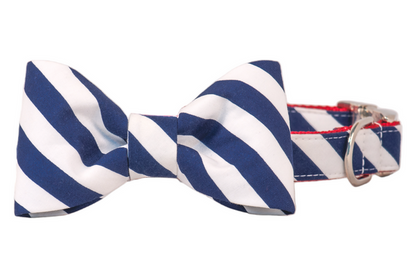 Navy blue and white diagonal striped dog bow tie attached to a matching collar, featuring crisp red stitching along the edges and a shiny silver D-ring, blending preppy style with patriotic flair.