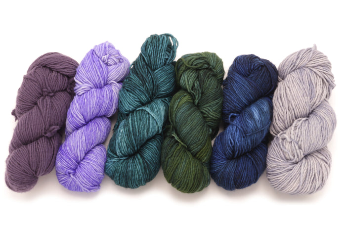 Malabrigo - Merino Worsted / Sweet Grape Periwinkle Emerald Forest Azul Profundo & Polar Morn
