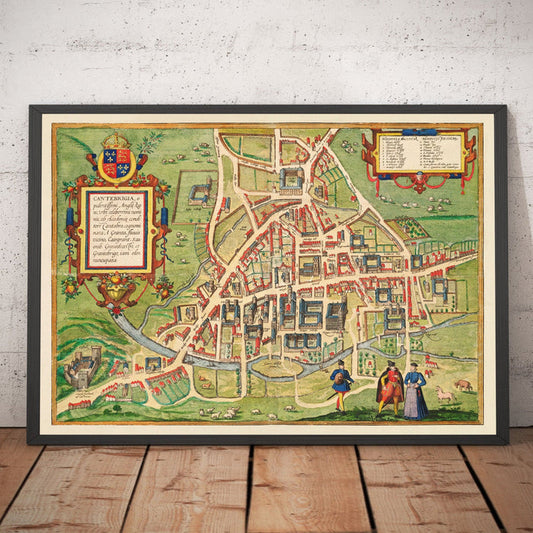 Old Colour Map of Cambridge and University Colleges, 1575 by Georg Braun - Trinity, Kings, Queens, Clare, Peterhouse, Christ's, Caius